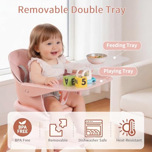 Image of 6 in 1 Baby High Chair, Convertible High Chairs,Pink | Easy Clean Baby Feeding Chair for Babies and Toddlers,5-Point Harness, Double Removable Tray & Reversible Footrest