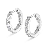 KRKC&CO Iced Out Creolen Ohrringe 925 Sterling Silber Ohrringe 14K Gold/Weißgold beschichtet Kleine Runde Kreolen Damen Herren Klappcreolen Ohrschmuck Durchmesser 15mm Geschenk für Männer Frauen
