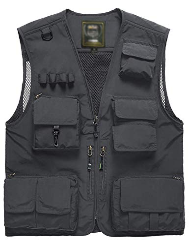 Flygo Men's Casual Lightweight Outdoor Travel Fishing Vest Jacket Multi Pockets (Medium, Grey)