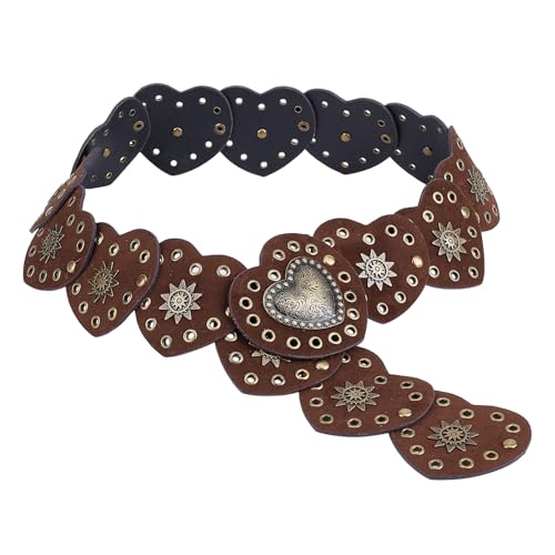 NICENEEDED Wide Disc Belt for Women, Women's Y2k Vintage Leather Heart Hollow Out Round Belts, Metal Buckle Western Waist Belt Boho Chic Dress Belt