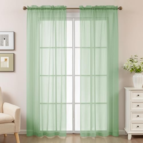 Image of Sage Green Sheer Curtains 84 Inches Long, Privacy Semi Sheer Curtains for Living Room Bedroom, Light Filtering Rod Pocket Voile Window Drapes 2 Panels Set, Each 42 inch W x 84 inch L