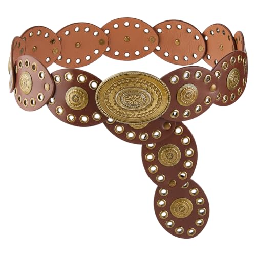 DICOSMETIC 1M Women's Boho Disc Belt Vintage Boho Waist Belt 6cm Wide Cowgirl Belts Wide Western Leather Belts Tan Disc Punk Waistband for Music Festival Skirts Pants Dress