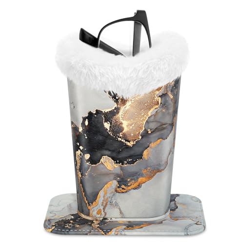 Image of Eyeglasses Holder, Plush Lined PU Leather Pattern Stand Case with Magnetic Base, Unisex for Women Men, Grey Gold Marble