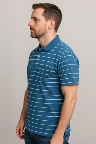 Image of WILD ELEPHANT Men Striped Polo T-Shirt | Cotton Short Sleeve Polo Neck with Button | Chest Pocket Casual Wear
