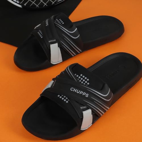 Image of CHUPPS Vertex Black Drift Orthopedic Slippers | Soft Footpharma Footbed | Breathable Ventilation Holes | Lightweight Flip Flops | Anti-Skid Chappals for Everyday For Mens