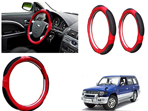Image of Microfiber Car Steering Wheel Cover, Soft Padding Great Hand Feel, Anti-Slip, Faux Leather Steering Cover for Mitsubishi Pajero | Black Red Jali - Pack of 1