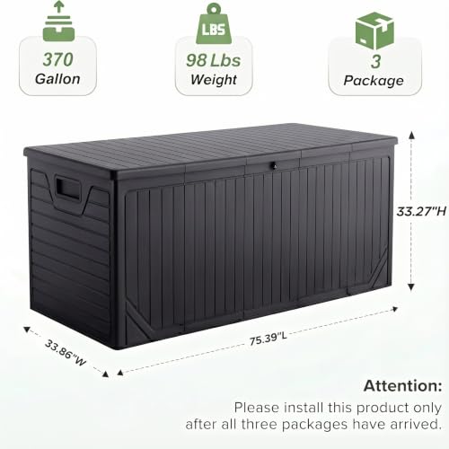 Image of 370 Gallon Extra Large Deck Box Waterproof, Thick Resin, Black