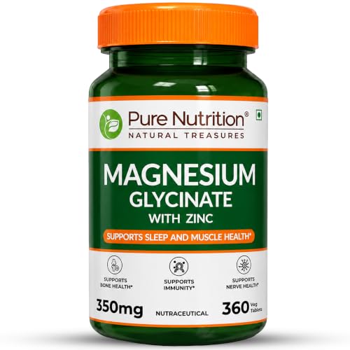 Image of Pure Nutrition Magnesium Glycinate with Zinc Supplement 350 mg - 360 Tablets | High Absorption Magnesium Supplement for Bone, Muscle & Nerve Vitality | Supports Calm, Sleep Quality & Cramp Relief