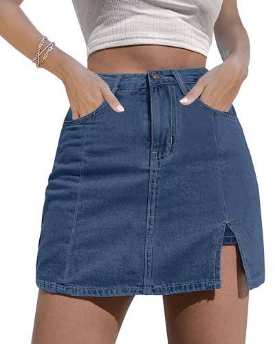 luvamia Flexclusive Skorts Skirts for Women Denim Mini Skirt Side Slit with High Waisted Jean Shorts Stretchy Blue Jean Shorts High Rise Mini Denim Skorts for Women Medium Blue Size Medium