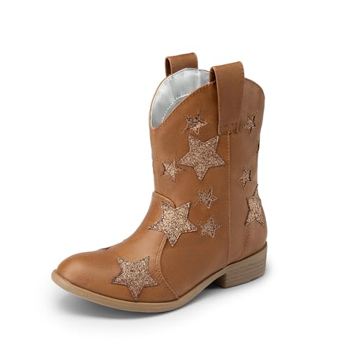 DREAM PAIRS Girls Cowgirl Boots Mid Calf Glitter Cowboy Western Boots Toddler Girls Star Riding Shoes 11 Little Kid Camel