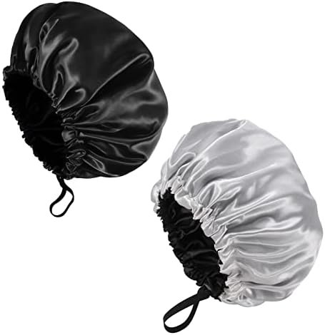 Fuyamp 2 Packs Satin Sleep Cap, Adjustable Silky Sleep Bonnet for Women Long Curly Hair, Double-Sided Waterproof Satin Hair Cap Extra Large Sleep Satin Bonnet for Women Sleeping(Black+Lake Green)