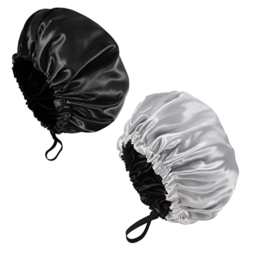 Image of Fuyamp 2 Packs Satin Sleep Cap Shower Cap,Adjustable Silky Sleep Bonnet for Women Long Curly Hair, Double-Sided Waterproof Satin Bath Cap Hair Cap for Women Sleeping Bathing(Grey+Black)