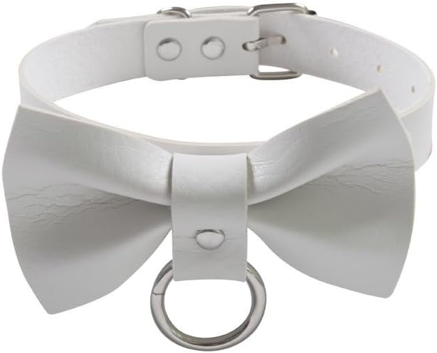 Bowtie Choker Collar with O-Ring – Black Faux Leather BDSM Day Collar, Fetish Cosplay Gothic Punk Accessory