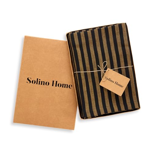 Image of Solino Home 100% Linen Napkins, 20 x 20 in, Brown, Amalfi Stripe, Set of 4 | a finishing touch for meals, weddings and holidays, woven stripe, European flax fibres, low iron finish, OEKO-TEX Certified