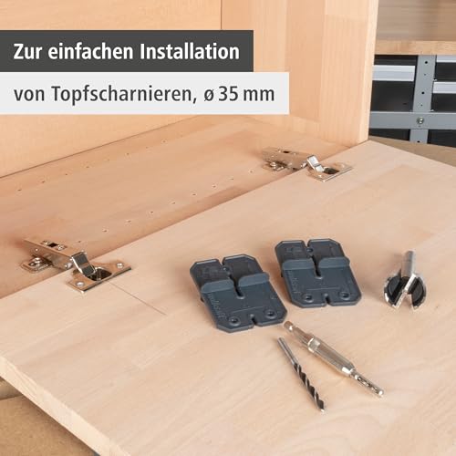 wolfcraft Scharnierloch-Set - 4656000 - Zur einfachen Installation von Topfscharnieren, Ø 35 mm - Bohrschablonen, Forstnerbohrer, Zentrierbohrer und Holzspiralbohrer