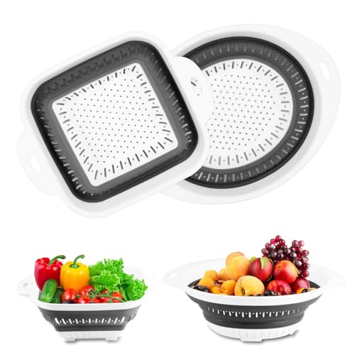 2 Pcs Passoire Silicone Pliable avec Poignées, Filtres Colander Panier de Lavage en Silicone pour Légumes, Fruits, Pâtes (Ovale + Carré)