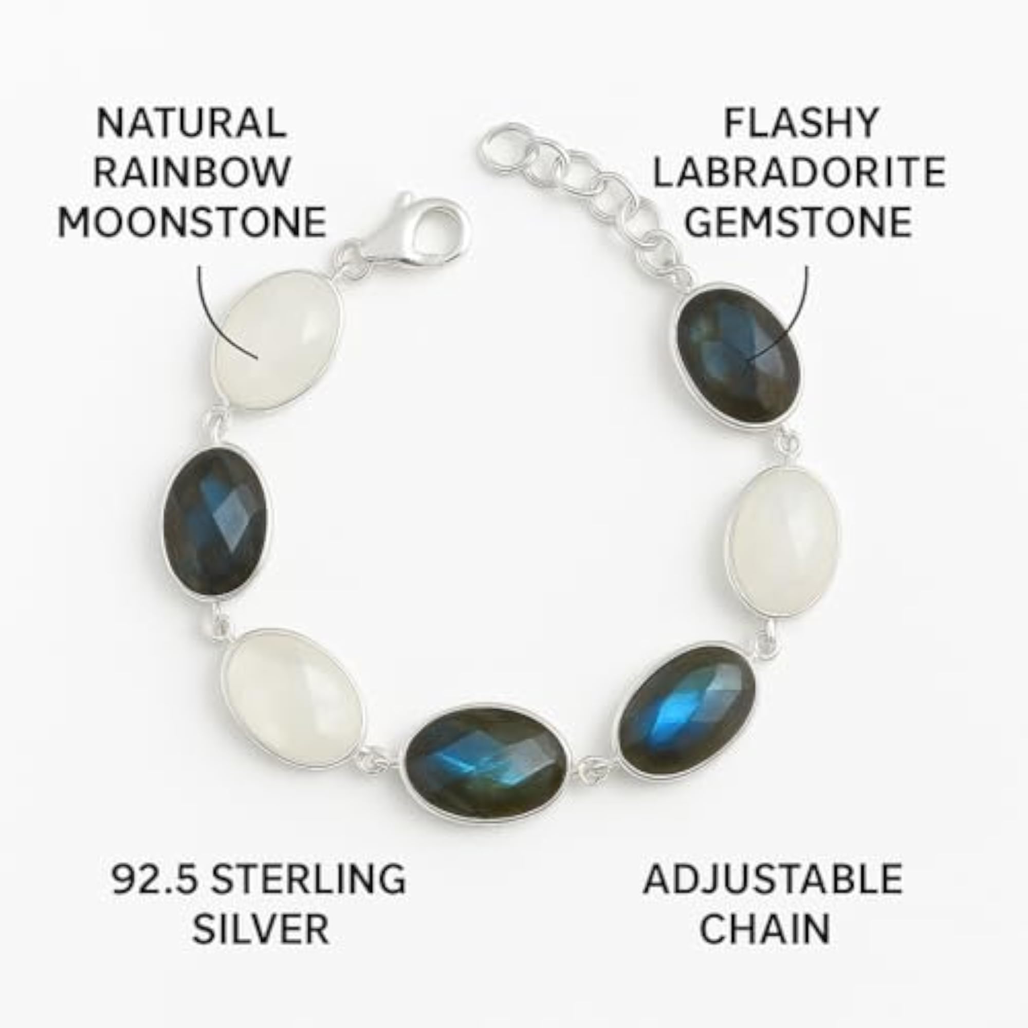 Women's Natural Labradorite & Rainbow Moonstone Adjustable Bracelet