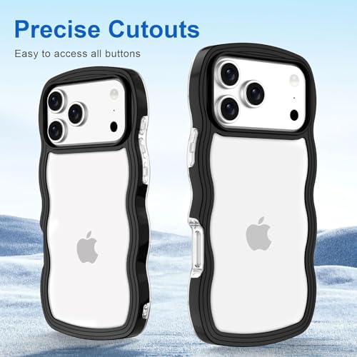 Image of GoldKart iPhone 17 Pro Max Case Wavy Edge Clear Back Design, Anti-Slip Grip Cute Wave Curly Frame Shape Shockproof Soft TPU & Hard PC Bumper Protective Phone Case Cover for Women Girls - Black
