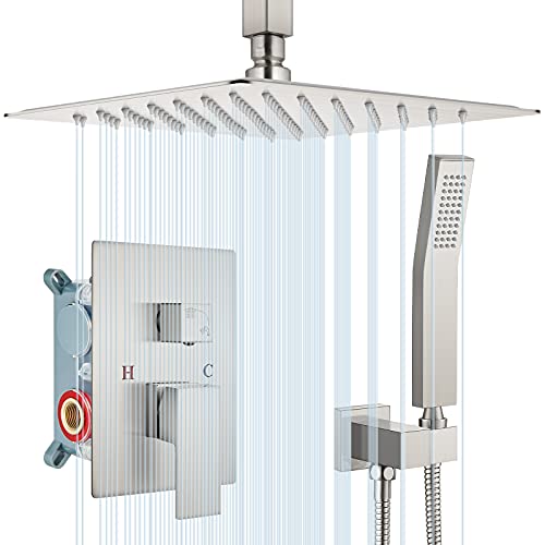 gotonovo Rain Shower Shower System Set Brushed Nickel 12 Inch Ceiling Mount Shower Head with Handheld Spray Luxury High Pressure Shower Combo Set Rough-in Valve and Shower Trim Included Dual Function