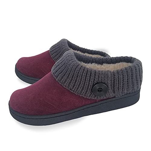 Clarks Clarks Womens Suede Leather Comfort Clog Knitted Collar Slipper - Plush Faux Fur Trim - Indoor Outdoor House Slippers For Women (Burgundy/Grey 9M)