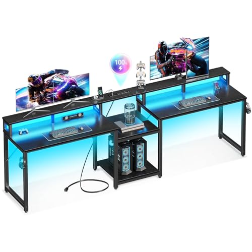 Casaottima 98 Inch 2 Person Gaming Desk with Storage Shelves, Long Double Home Office Computer Writing Desks with USB Charging Port & LED Lights, Monitor Stand, Modern Study/Work Table,Black