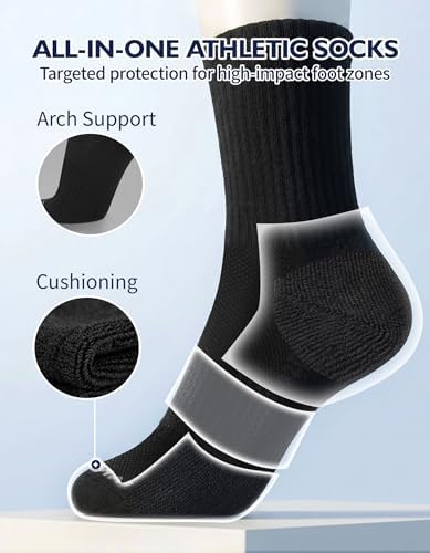 CLOSEMATE Men's Moisture-Wicking Cushioned Performance Socks Athletic Crew Socks for Basketball, Running, Gym Work, and Daily Activities 6 Pairs(3 Black 3 White, Size M) - 3