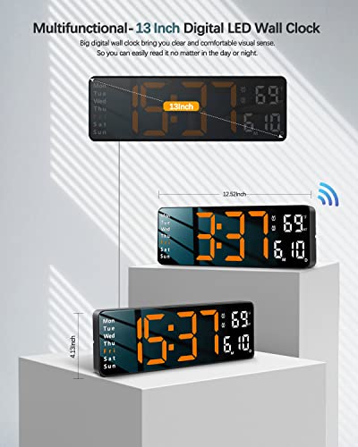 Image of JoFomp Digital Wall Clock - Large 13 Inch LED Display, Alarm, Remote Control, Automatic Daylight Saving Time, Brightness, Date, Week, Timer, Temperature - 12 /24H - for Living Room, Bedroom (Orange)