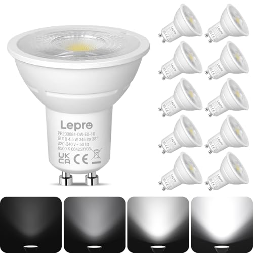 Lepro GU10 LED Bulbs Dimmable, Cool White 6500K, 4.5W 345lm, 50W Halogen Spotlight Bulbs Equivalent, 38° Narrow Beam, Daylight White, GU10 LED Energy Saving Lightbulbs, Pack of 10