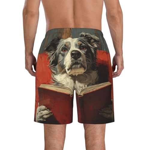 Men Swim Trunks Beach Shorts Swimwear Summer Bathing Suits - Dog Reading Book Retro3