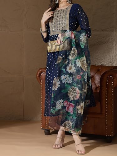 Image of Women's Chanderi Kurta with Legging and Dupatta | Modern & Traditional Blend Ethnic Wear Set | Festive & Casual Summer Kurti with Pants for Party Office & Ethnic Occasions