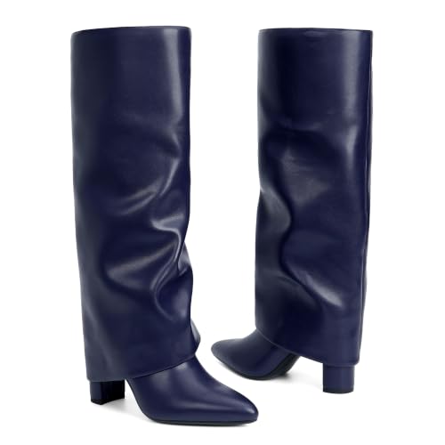 Image of Knee High Boots Women Fold Over Boots Chunky Heel Pointed Toe Tall Boots | Fashion Slouchy Boots,Side Zipper Shark Boots,Fall Spring Winter Fashion Dress Tall Boots,Evening Bridal office Long Boots
