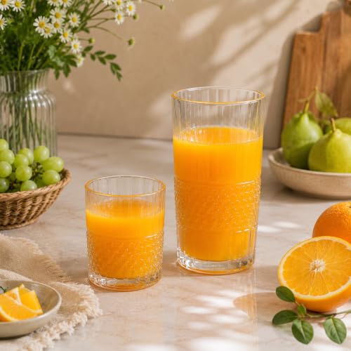 Image of bellemax Dotted Design Drinking Glasses, 278 ML & 210 ML Water and Juice Glasses Combo, Textured Glass Tumblers for Water, Juice, Soft Drinks & Everyday Use Set of 12