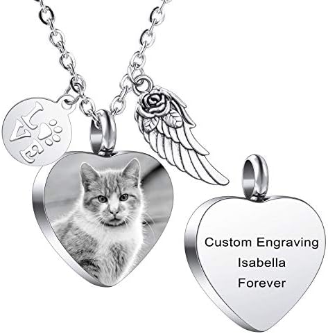 MeMeDIY Personalized Heart Paw Print Ashes Urn Pendant Necklace Custom Name/Photo/Date for Women Men Boys Girls Stainless Steel Memorial Dog Cat Pet Keepsake with Keyring Funnel Fill Kit Angel Wing