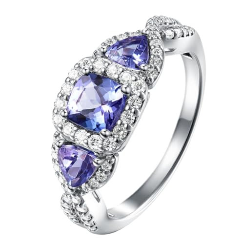 Genuine Tanzanite Three-Stone Ring in 925 Sterling Silver with White Zircon Accents - Gemstone Rings for Women Birthstone Jewelry - Hidden Gems Jewelry (7)