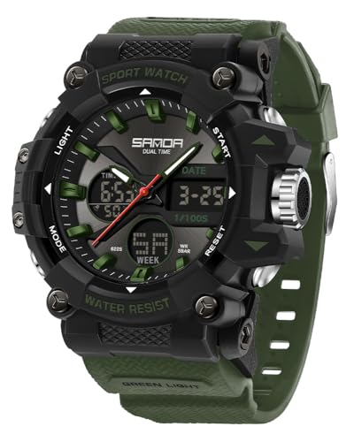 FANMIS Mens Analog Digital Sports Watch Large Face Outdoor Sports Waterproof Military Wrist Watches with Date Multifunction Tactics LED Army Stopwatch (Green)