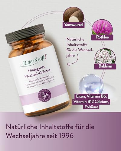 BitterKraft! Wechseljahre-Kapseln 90 Stk – mit Yamswurzel, Rotklee & Baldrian, Eisen, Vitamin B6 B12, Calcium, Folsäure – ohne Zusatzstoffe – natürliche Balance –100% Natur – Vegan - Made in Germany