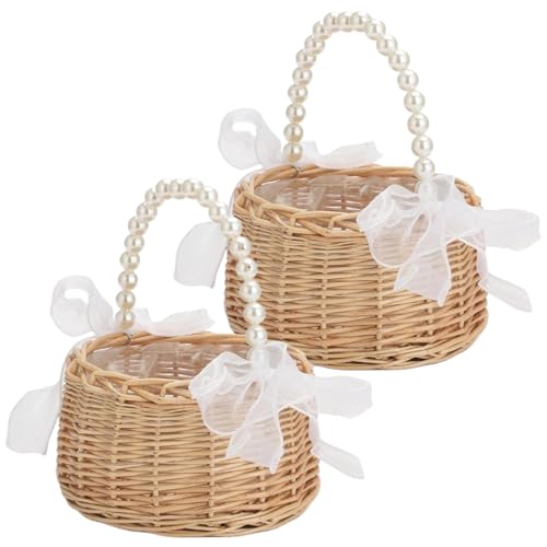 Cesta de mimbre infantil Gcroet con lazo decorativo para niña de flores 2