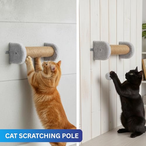 Image of Wall-Mounted Cat Scratching Post, Natural Jute Rope, Plush Cushioned Ends, Space-Saving Design (5X16) FURR-156 (Grey)
