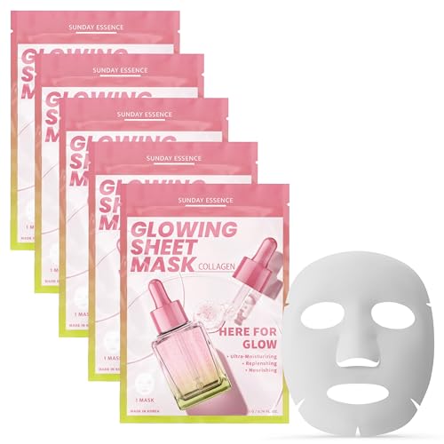 Sunday Essence Collagen Face Mask For Glass Skin – Hydrating & Firming Sheet Mask For Dry & Tired Skin – Dermatologist Tested, Anti-Aging, Korean Skin Care– 95% Natural, Vegan, Clean Beauty – 5 Sheets