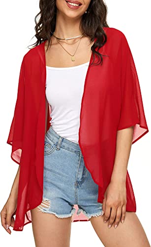 Image of Indian Trendy Women's Solid Puff Sleeve Kimono Cardigan Loose Cover Up Casual Blouse Top Chiffon
