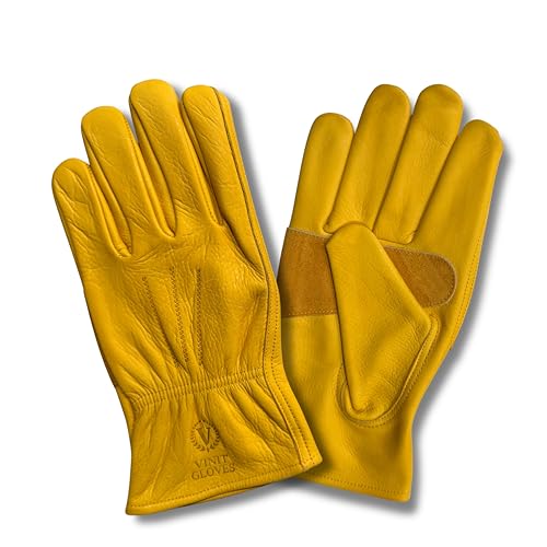 Guantes de trabajo de piel de vaca granulada amarillos con diseño de pulgar ergonómico