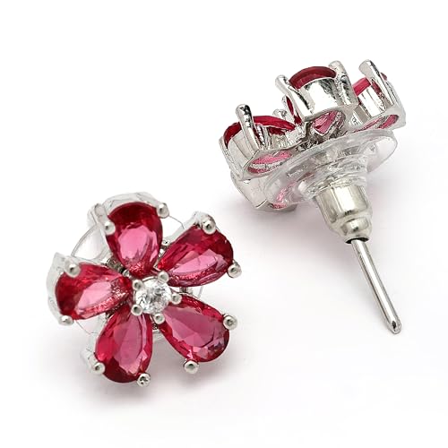 Image of ZENEME Rhodium Plated Silver Toned American Diamond Studded Floral Shaped Pendant Chain With Earrings Jewellery Set For Women And Girls
