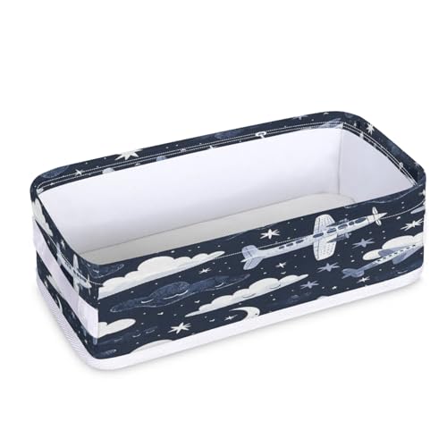 Tablerazzi Toilet Tank Topper Paper Basket with Handle, Aircraft Bathroom Storage Basket for Organizing, Flying Airplane Navy Blue Small Fabric Storage Bins for Bathroom Decor