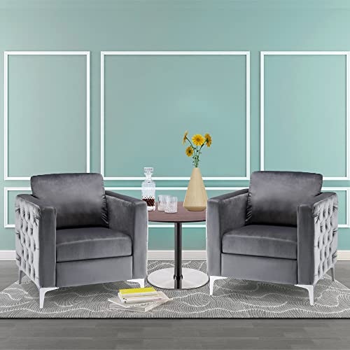 Mcombo Velvet Accent Club Chair, Upholstered Tufted Button Single Sofa Chair, With Silver Metal Legs, Modern Armchair For Living Room Bedroom 4066 (Grey) #TOP2