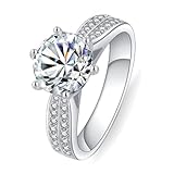 Alianza de boda de oro blanco para mujer, juego de anillos de compromiso de moissanita para mujer, redondos, 6 puntas con moissanita de 2 quilates, L 1/2, Platino, Moissanita
