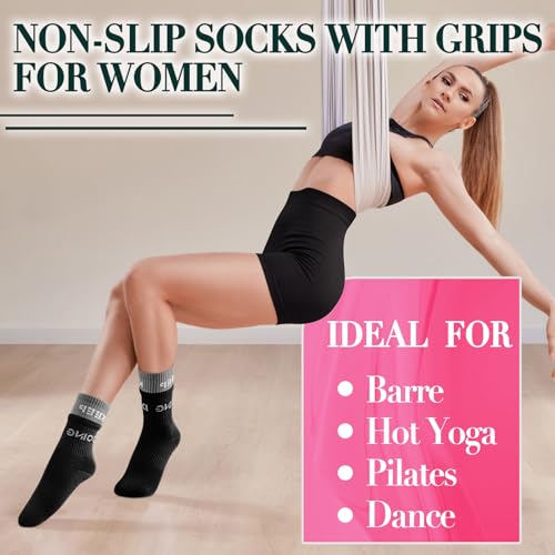 Image of 3PCS Non-Slip Pilates Yoga Socks with Grips for Women - Stylish Crew Socks for Ballet, Dance, Workout, and Pregnancy