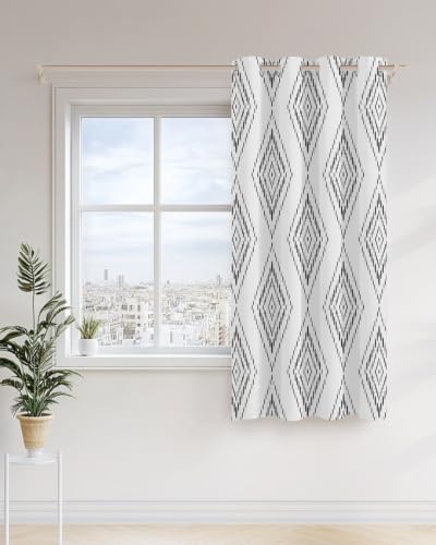 Black Concentric Diamond Curtains 45 inches Long for Living Room Bedroom Modern Abstract Geometric Checkered Grid Sliding Door Sheer Curtains Light Filtering Curtain 1 Panel Grommet Voile Window Drape
