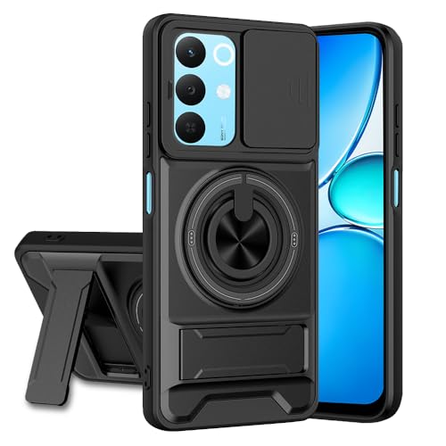 Image of Realme 15X / C85 / Narzo 90X 5G Back Cover | Armor Camera Slider 360 Degree Rotating Finger Ring Holder Case with Bracket Stand Back Case Cover (Compatible with MagSafe Accessories) (Black)