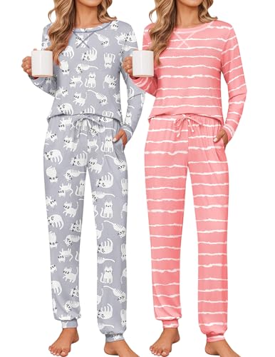 Ekouaer 2 Pack Pajama Sets for Women Long Sleeves Lounge Set Jogger Pants - image 1