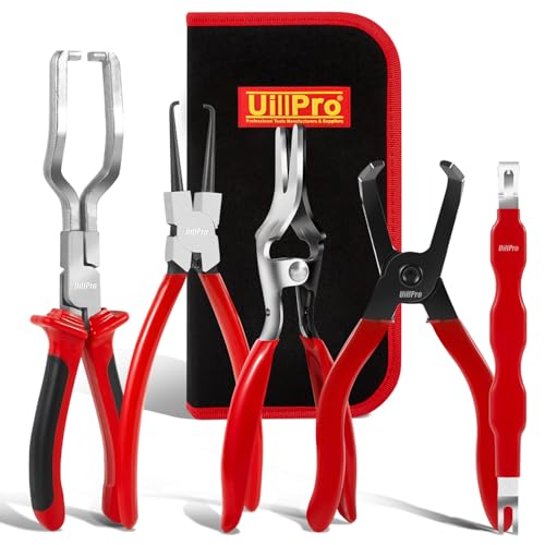 Electrical Disconnect Pliers Connector Removal Tool for 5pcs, Fuel Line Pliers Car Set, Hose Remover, 9 Inch Fuel Filter Caliper, Hose Pipe Clamp Clip, 80 Degree Disconnect Set with Case